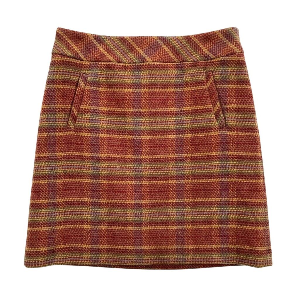 Talbots Tweed Wool Pencil Skirt Red Brown Plaid Lined Pockets Womens 2P 2 Petite